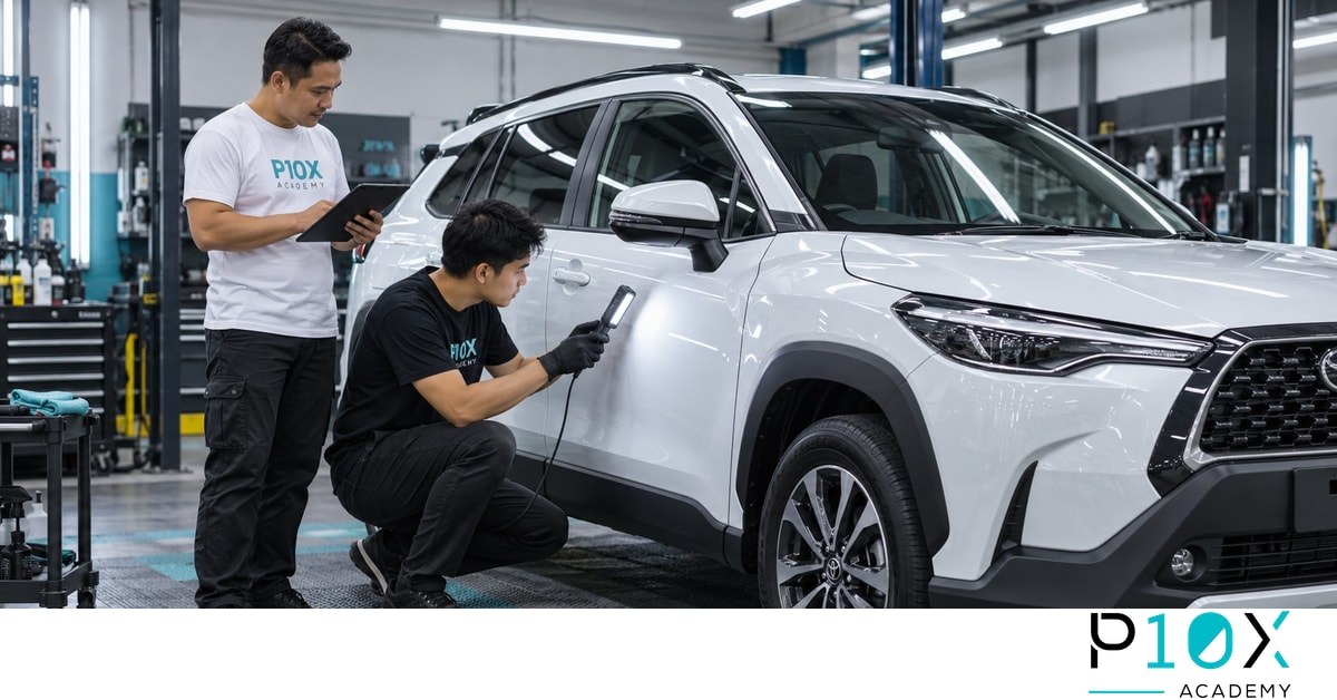 Detailer inspecting a polished car door with a light while a colleague checks a quality list in a workshop
