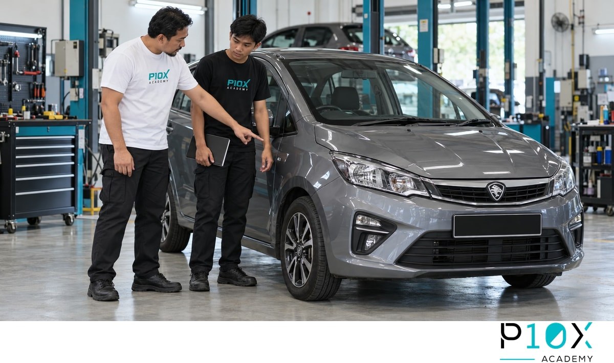 Illustrative learner discussing practical work with a coach inside an automotive training workshop