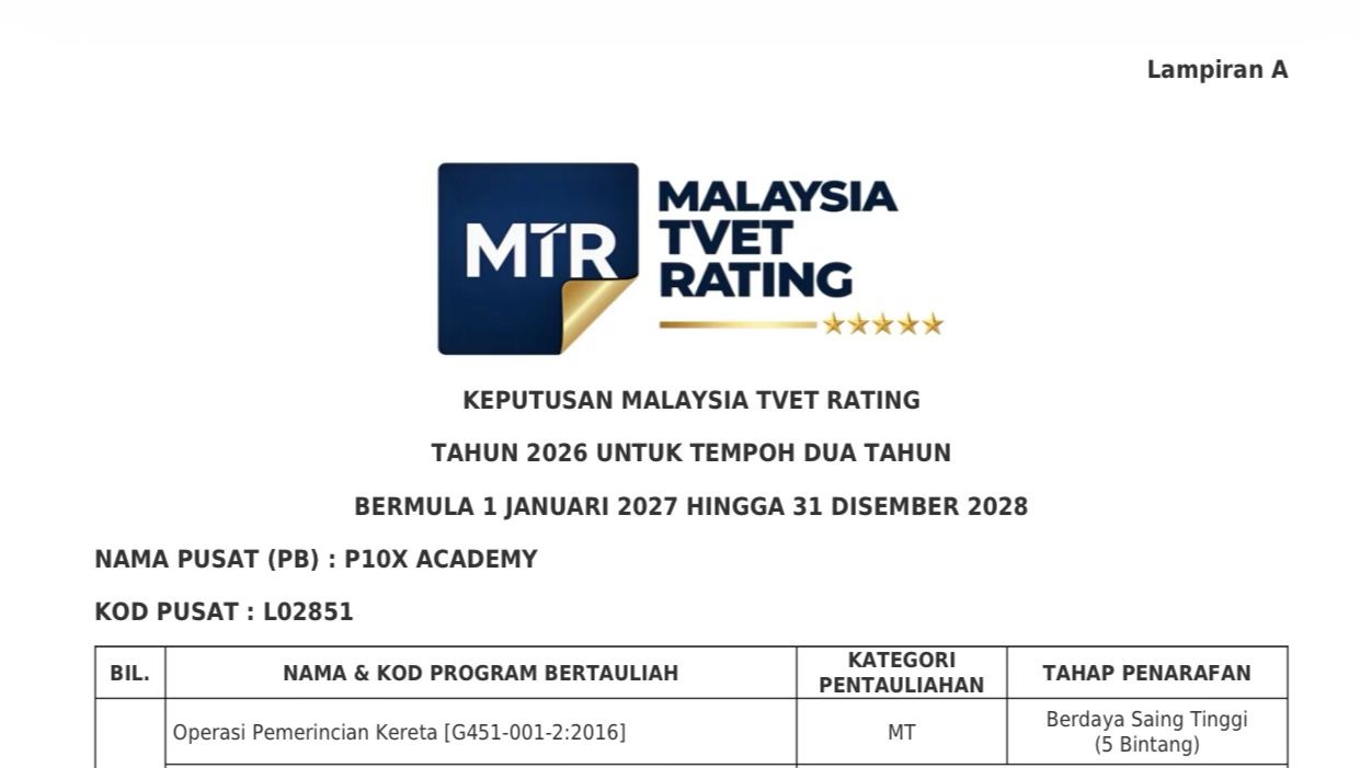 Official MTR 2026 result: P10X Academy car detailing programme rated five stars for 1 January 2027 to 31 December 2028