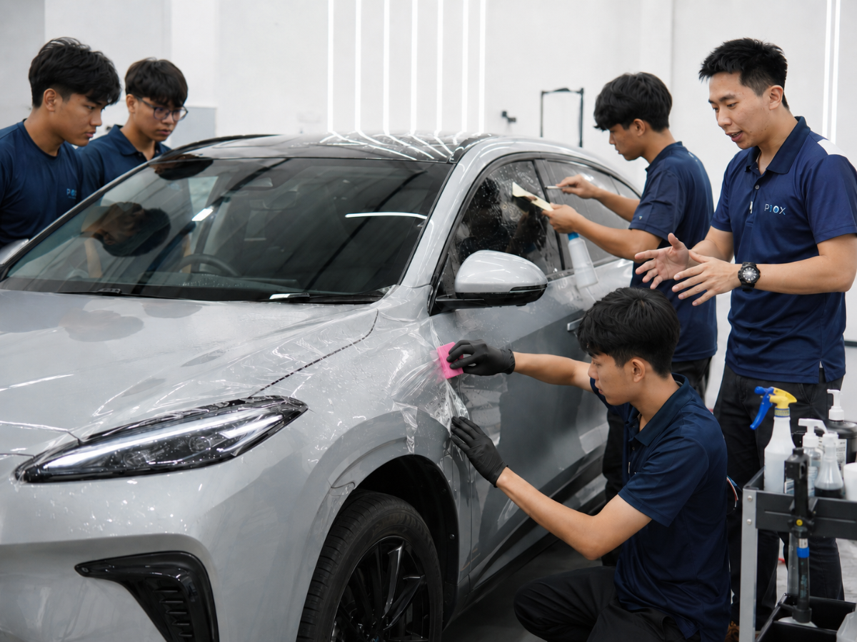 Pelajar P10X Academy dalam sesi latihan detailing kereta berkumpulan